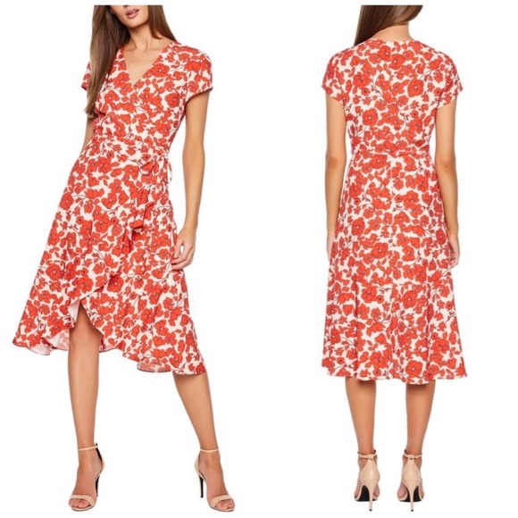 Bardot Women's Fiesta Floral Faux Wrap Short Sleeve Dress in Red Size 12